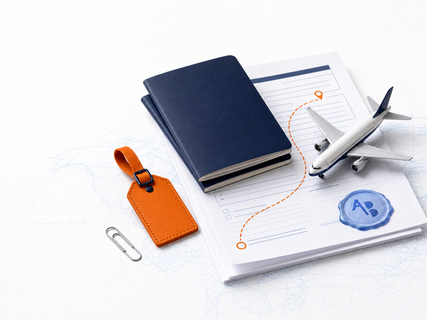 A travel dossier, passport-style booklet and airplane representing an international journey